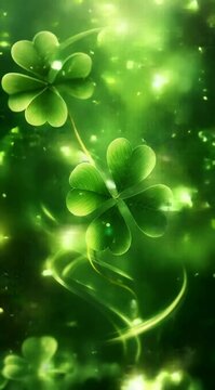 Lucky shamrock clovers in green glowing background. St Patrick's Day greeting card. Ireland celebration lucky day.  Good luck symbol. Vertical video