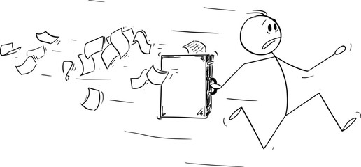 Person or businessman running in panic with documents falling from his briefcase, vector cartoon stick figure or character illustration.