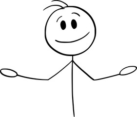 Smiling person with arms open showing something or welcoming , vector cartoon stick figure or character illustration.