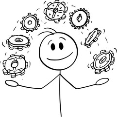 Person juggling with cog or gear wheels offering technical solution, vector cartoon stick figure or character illustration.
