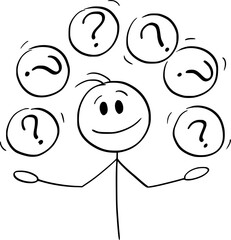 Person juggling with question marks showing problem that needs solution , vector cartoon stick figure or character illustration.