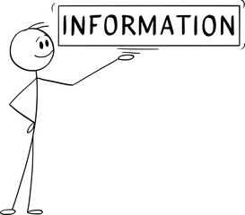 Person holding sign and offering information , vector cartoon stick figure or character illustration.