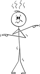 Confused stressed person pointing an all directions , vector cartoon stick figure or character illustration.