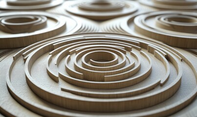 Wooden concentric circles form intricate maze pattern.