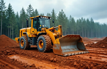 Yellow bulldozer clears forest land for new road construction. Heavy earthmoving equipment works on construction site. Machines dig, move dirt. Construction site in forest. Roadwork in progress.