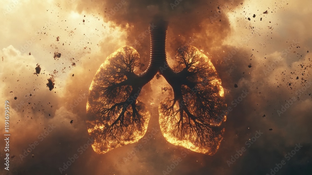 Poster realistic human lungs engulfed in smog and dust particles highlighting air pollution effects on heal