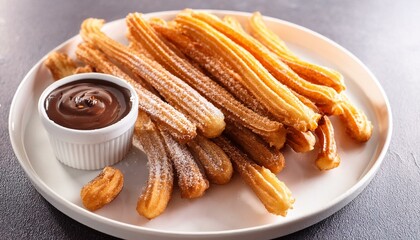 Generated image Churros on a simple white plate with a garnish of fresh mint and a drizzle of chocolate