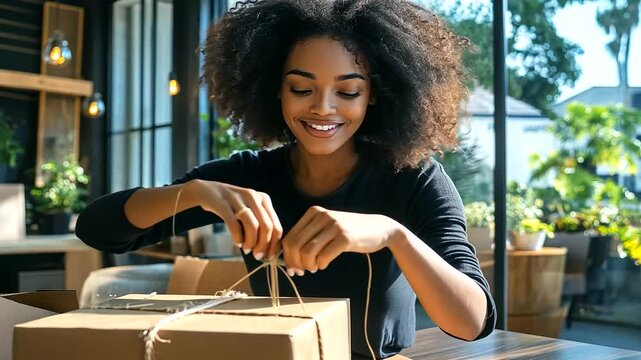A modern eco-friendly office with a smiling African American woman carefully tying natural twine around a package, sunlight streaming through large windows.