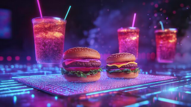 Two cheeseburgers and three soda cups levitate on a neon-lit grid. - Powered by Adobe