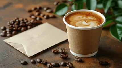 Paper cup of coffee and envelope on grunge background, closeup