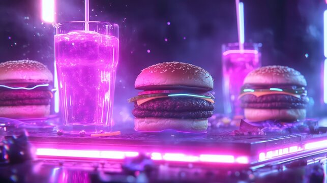 Neon-lit burgers and drinks on a futuristic surface.