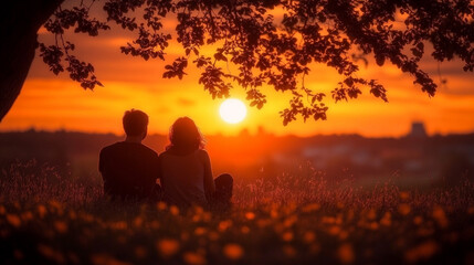 A silhouette of two people standing together under a tree at a vibrant sunset with bright daylight backlighting, creating a peaceful scene with a clear caption space to the side


