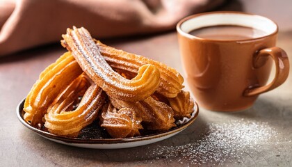 Generated image Close-up of churros with a sprinkle of cinnamon sugar and a cup of hot chocolate