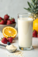 Collagen powder drink presented in a tall glass with fresh fruits and a spoonful of powder