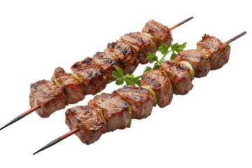 two skewers of grilled meat. showcasing perfectly cooked pieces interspersed with vegetables the skewers are garnished with fresh parsley. emphasizing a delicious and appetizing presentation. ideal fo