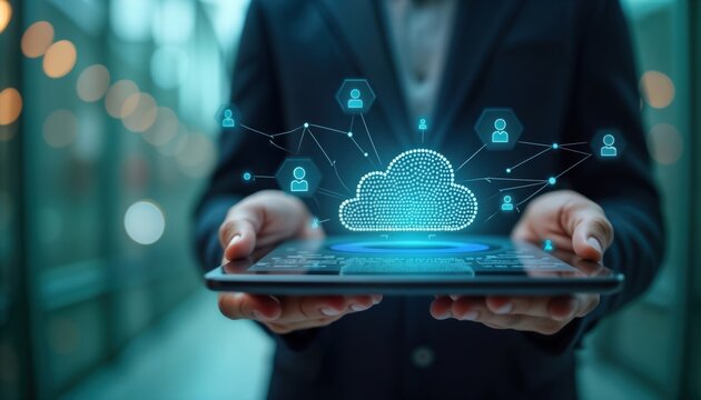 Person holds tablet displaying cloud computing concept. Cloud tech visualized on tablet screen. Digital cloud network illustration. Business use of cloud services. Cost-effective solutions. Modern