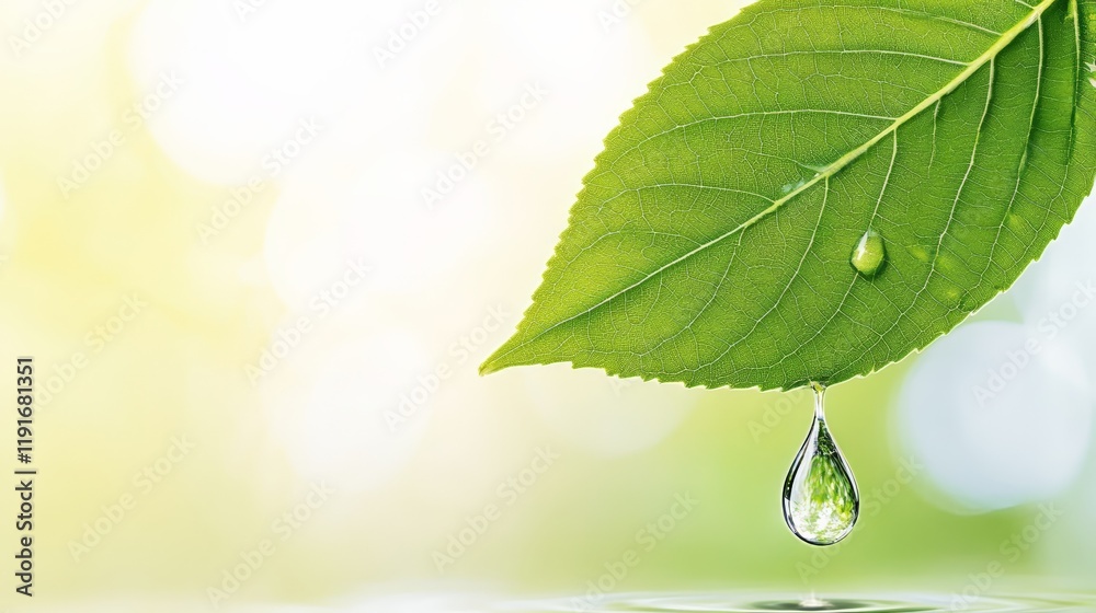 Poster crystal clear water droplet falling from a vibrant green leaf, creating delicate ripples on the surf
