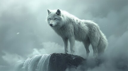Majestic white wolf standing on a misty cliff.
