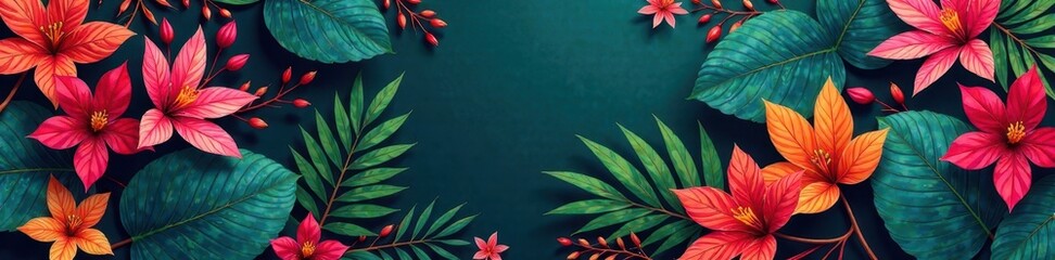 Exotic foliage, vibrant color burst, repeating design, lush, exotic