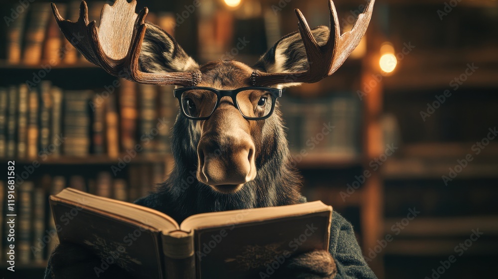 Aufkleber Moose with reading glasses enjoys a book in a vintage library setting filled with books and warm lighting. Generative AI