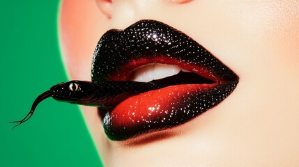 Obraz premium closeup of a model's face with a snake's tongue flicking near her lips, depicting the struggle of fear and temptation.