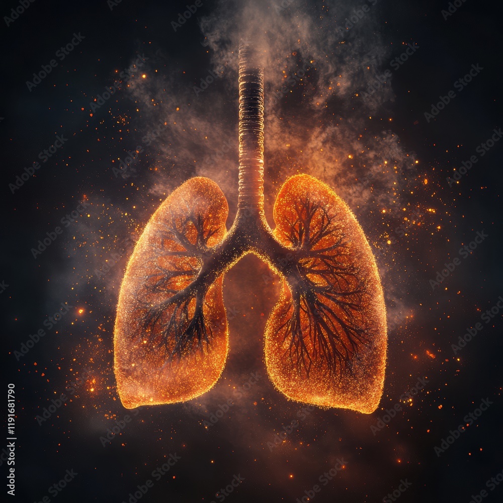 Poster Realistic representation of lungs surrounded by smog and dust particles in a polluted environment affecting air quality and health. Generative AI