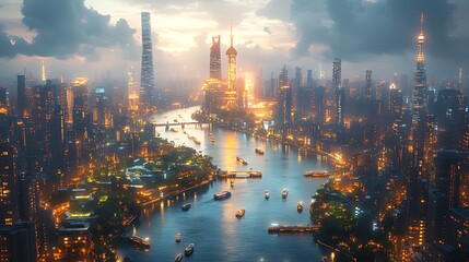 Naklejka premium Futuristic city skyline, river, boats, sunset, aerial, illustration, cityscape, design