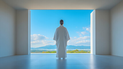 Fototapeta premium Serene person in white kimono contemplates expansive mountain vista through minimalist architecture.