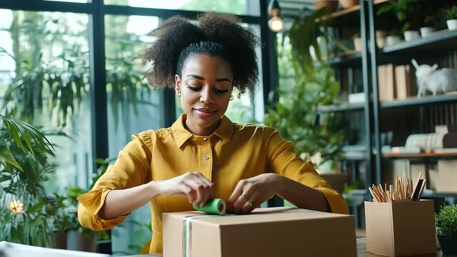 A vibrant scene of an African American woman sealing an eco-friendly package with compostable tape in a workspace filled with bamboo furniture and natural lighting.