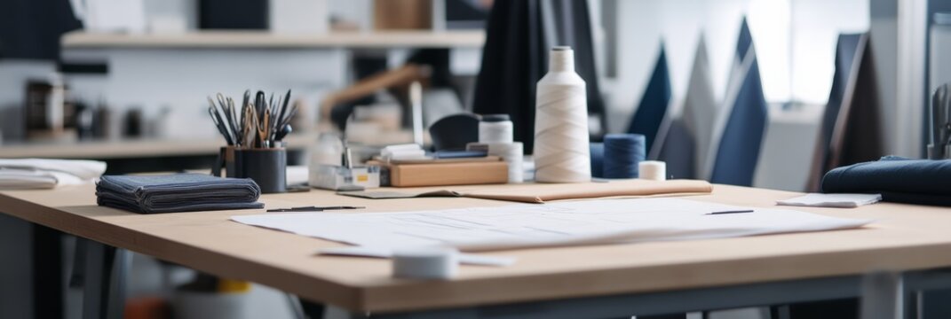 Sewing tools, fabrics, and patterns are arranged on a designer's desk, showcasing a workspace dedicated to creativity and fashion in the industry