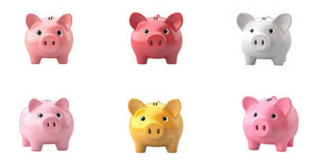 six colorful piggy banks arranged in a grid. showcasing various colors including pink. red. white. and yellow each bank has a classic design with a slot for coins. symbolizing saving and financial man