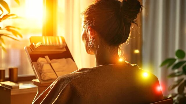 A warm and inviting salon interior where a beautician applies a clinically tested hair growth serum, with the client&rsquo;s hair illuminated by soft golden light.