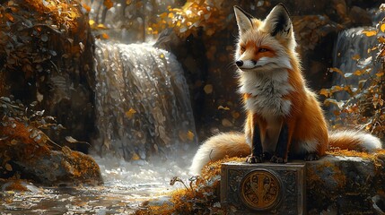 Red fox sitting on ornate box by waterfall.