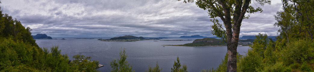 Coastline Fjord views from Alesund, Norway from hiking trail above the city, travel scenery Scandinavia Europe