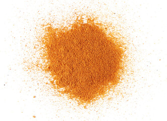 Mexican taco seasoning pile scattered, isolated on white, top view