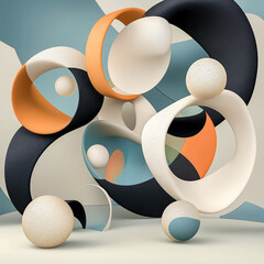 This piece is an abstract 3D composition with colorful geometric shapes and fluid curves