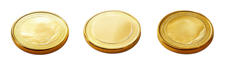 three shiny gold coins arranged in a row. showcasing their metallic surfaces the first coin displays an embossed design. while the second and third coins have a smooth. reflective surface. emphasizing
