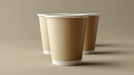 Three paper coffee cups mockup on beige background