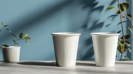 Three white flower pots on white table against blue wall. Mock up