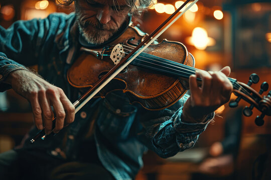 A musician passionately plays fiddle in cozy pub, surrounded by warm lighting and lively atmosphere