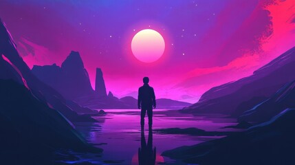 Obraz premium Solitary Figure Contemplates a Vibrant Purple Landscape