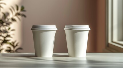 Two white paper coffee cups on a white table