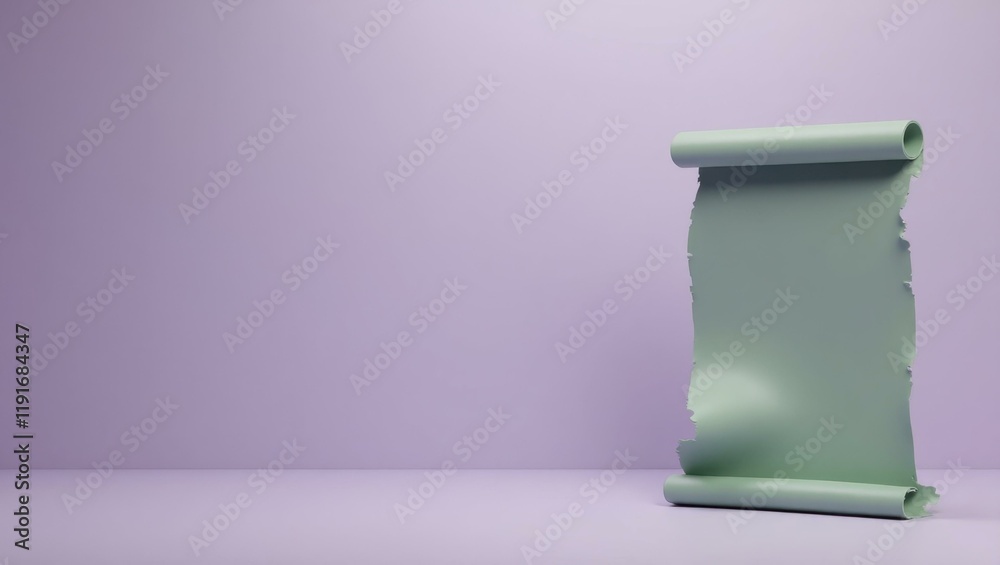 Poster sage green philosopher's scroll on right. soft blue background. copy space for text, 3d render ai ge