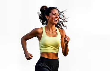 Young woman runs outdoors with joyful expression. Hair brown, flowing. Wears sporty yellow top, black athletic pants. Photo shows active lifestyle, health concept. Image ideal for fitness products,