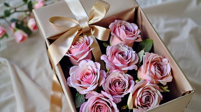A beautifully wrapped gift box filled with fresh pink roses, creating a romantic and thoughtful gift, perfect for special occasions.