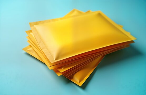 Bright yellow bubble envelopes stack on light blue table. Protective packaging. Ready for delivery storage. Commercial use in logistic shipping supply. Bulk order. Empty. Good for safe delivery.