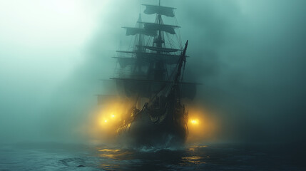 Mysterious ship navigates through dense fog in a fantasy realm at twilight, casting an eerie glow across the water