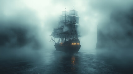 Mysterious ship navigates through fog in a fantastical seascape with hidden cliffs at twilight