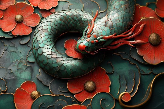 2025年中国农历新年，绿色木蛇，传统装饰，红灯笼，樱花与宁静风景&mdash;&mdash;适合绿色木蛇年的节庆艺术，色彩鲜艳的红色、金色和绿色
