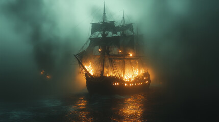 Obraz premium Spectacular burning ship emerges through dense fog in a dark fantasy realm on a mysterious night